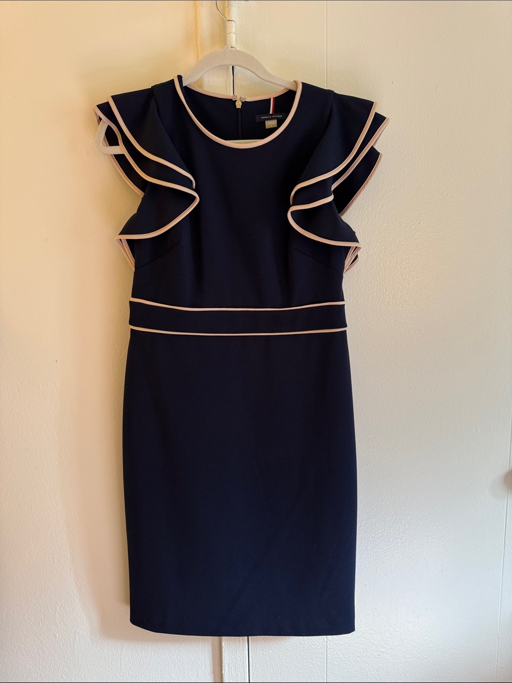 Tommy Hilfiger Navy Midi Dress with Pink Trim and Ruffle Sleeves